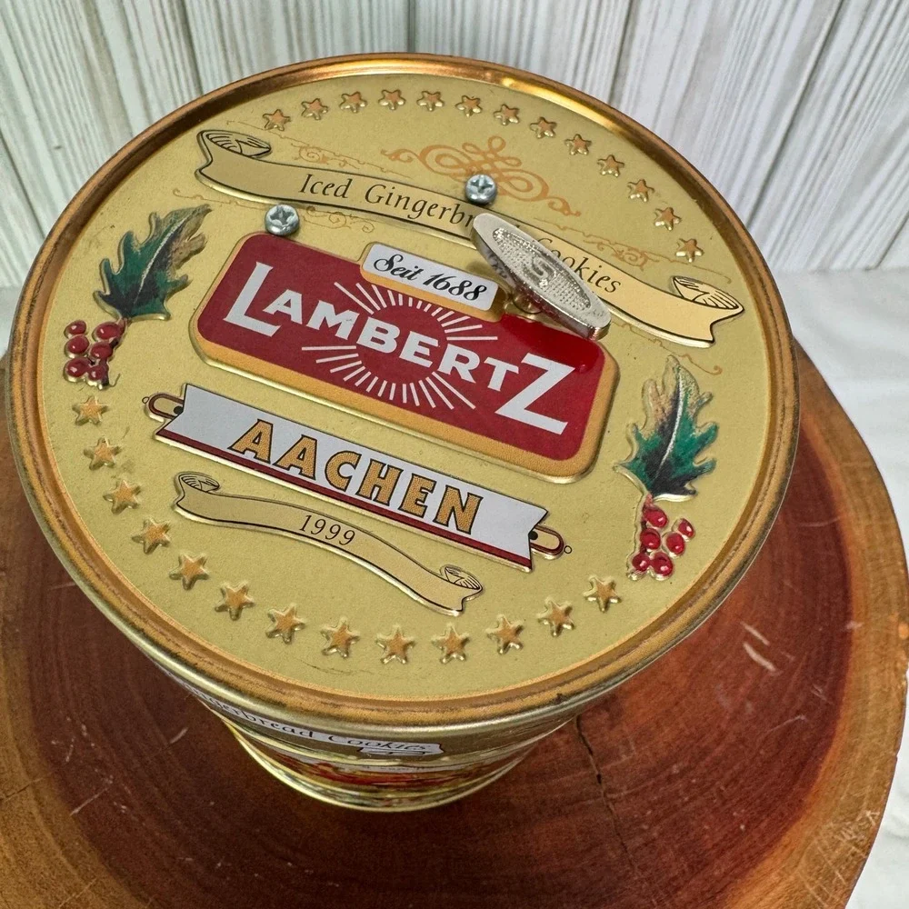 Vintage 1999 Lambertz Aachen Musical Cookie Tin Gold German Holiday Decor 6in